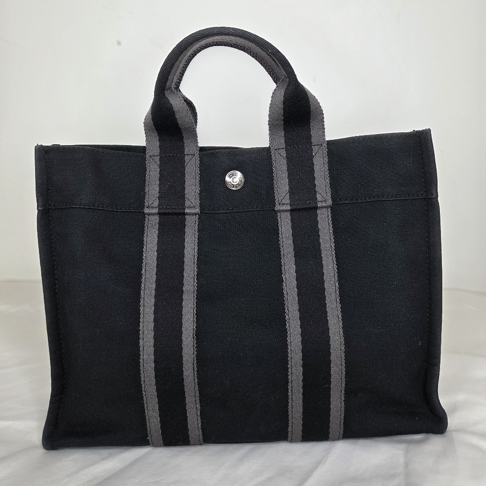 Hermes Small 12"x9" Canvas Tote Bag Stylish In Black and Gray - Picture 3 of 13